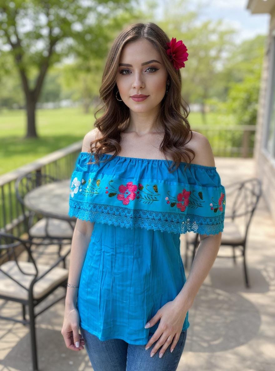 Image of Loose Fit Mexican Embroidered Blouse - Handmade Artisanal Blouse - Floral Embroidery- Size S/M