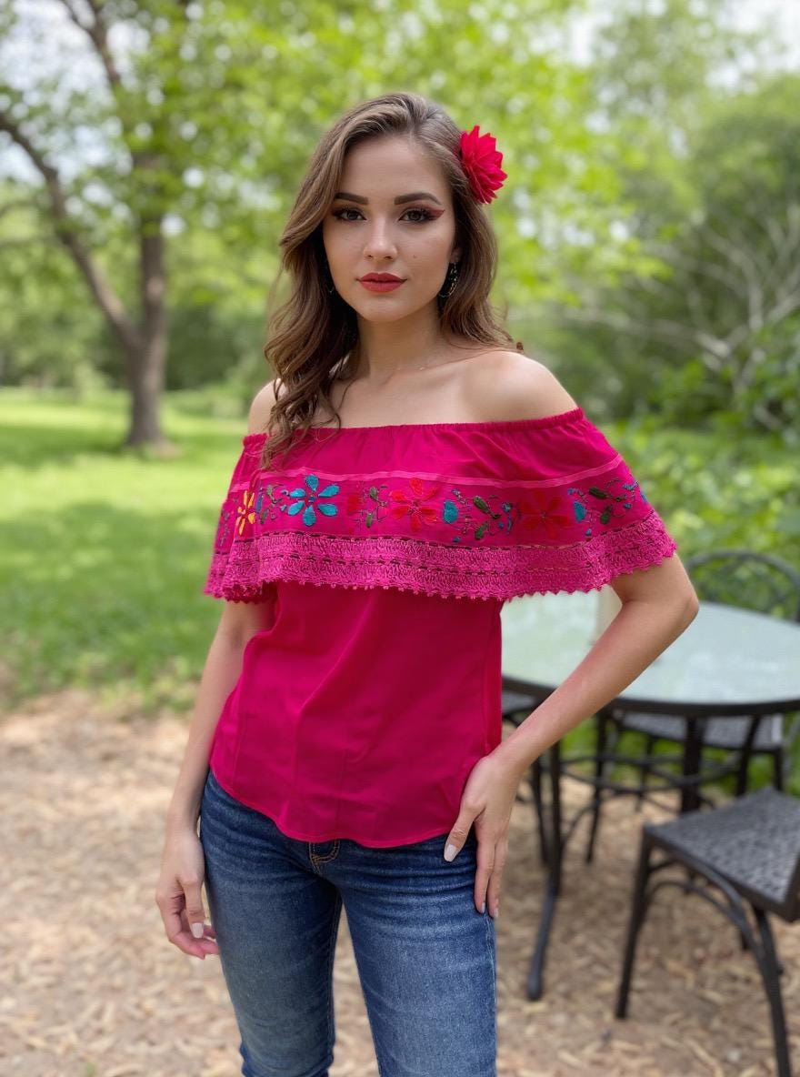 Image of Loose Fit Mexican Embroidered Blouse - Handmade Artisanal Blouse - Floral Embroidery- Size S/M