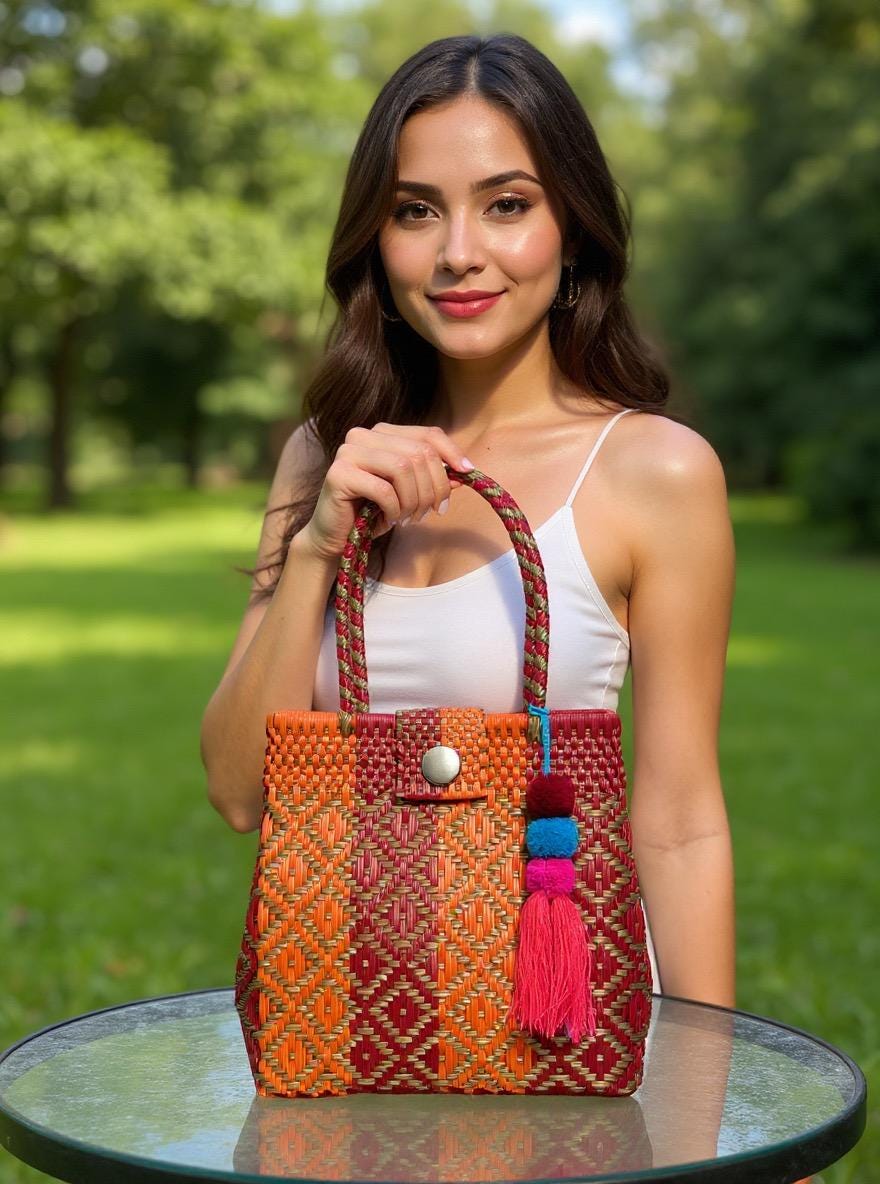 Handwoven Terra Cotta Shoulder Bag: Boho Market Tote with Pompom