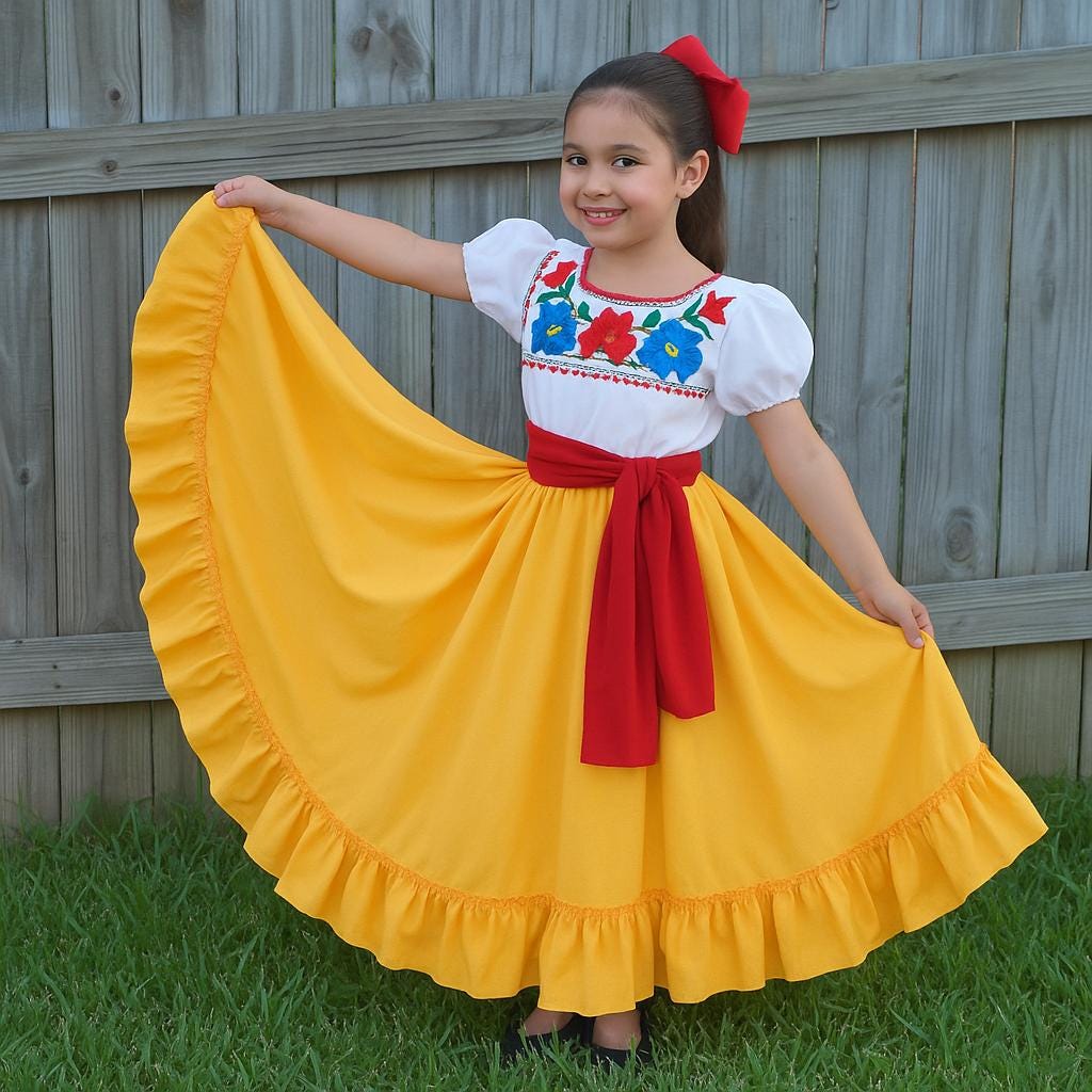Image of 3 Piece Girls Dance Outfit, Folkloric skirt, embroidered blouse & matching belt