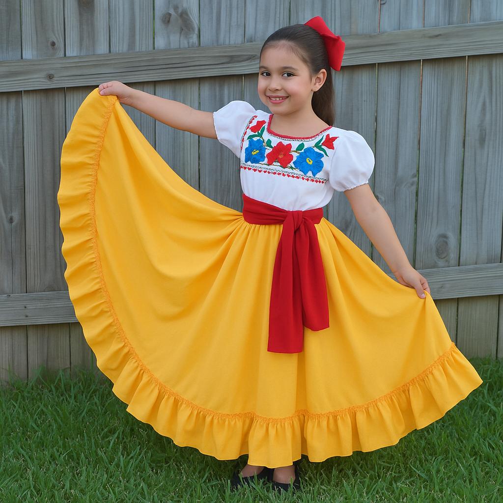 Image of 3 Piece Girls Dance Outfit, Folkloric skirt, embroidered blouse & matching belt