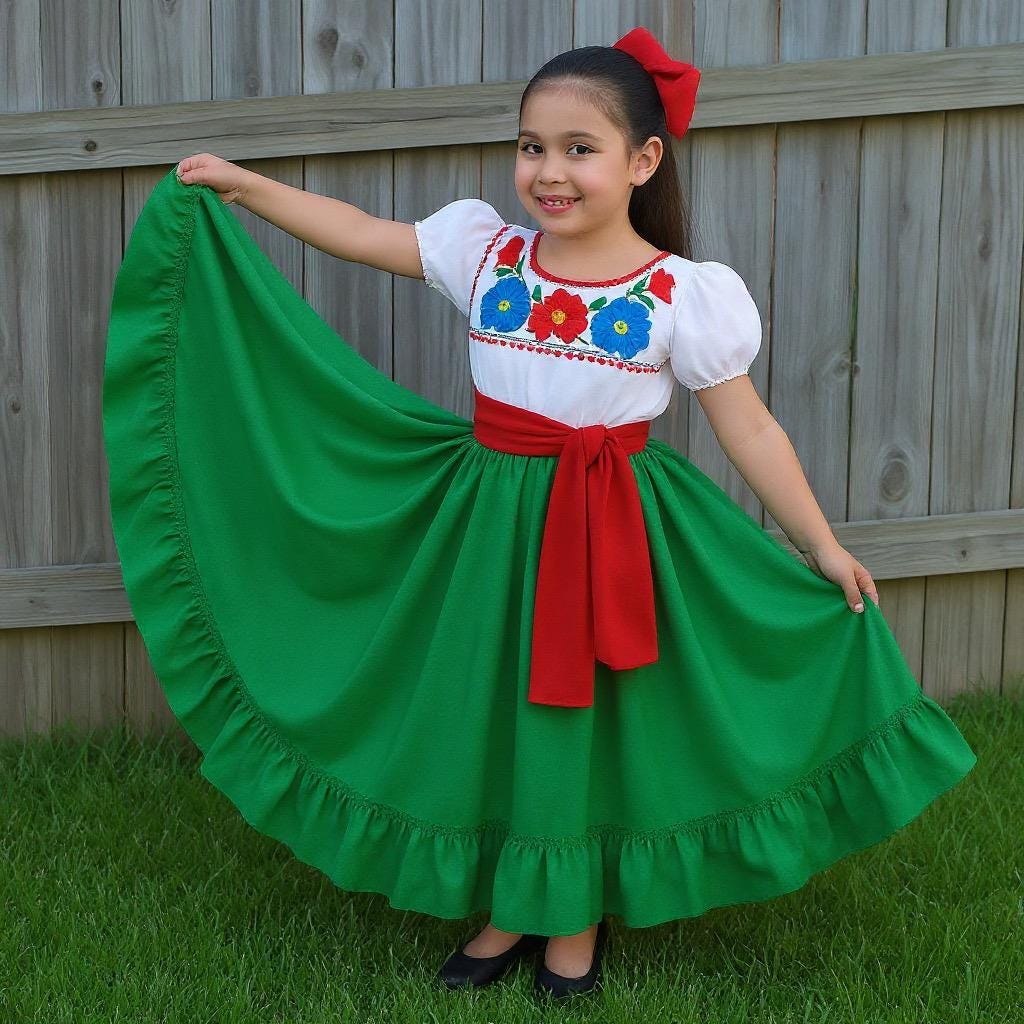 3 Piece Girls Dance Outfit, Folkloric skirt, embroidered blouse & matching belt