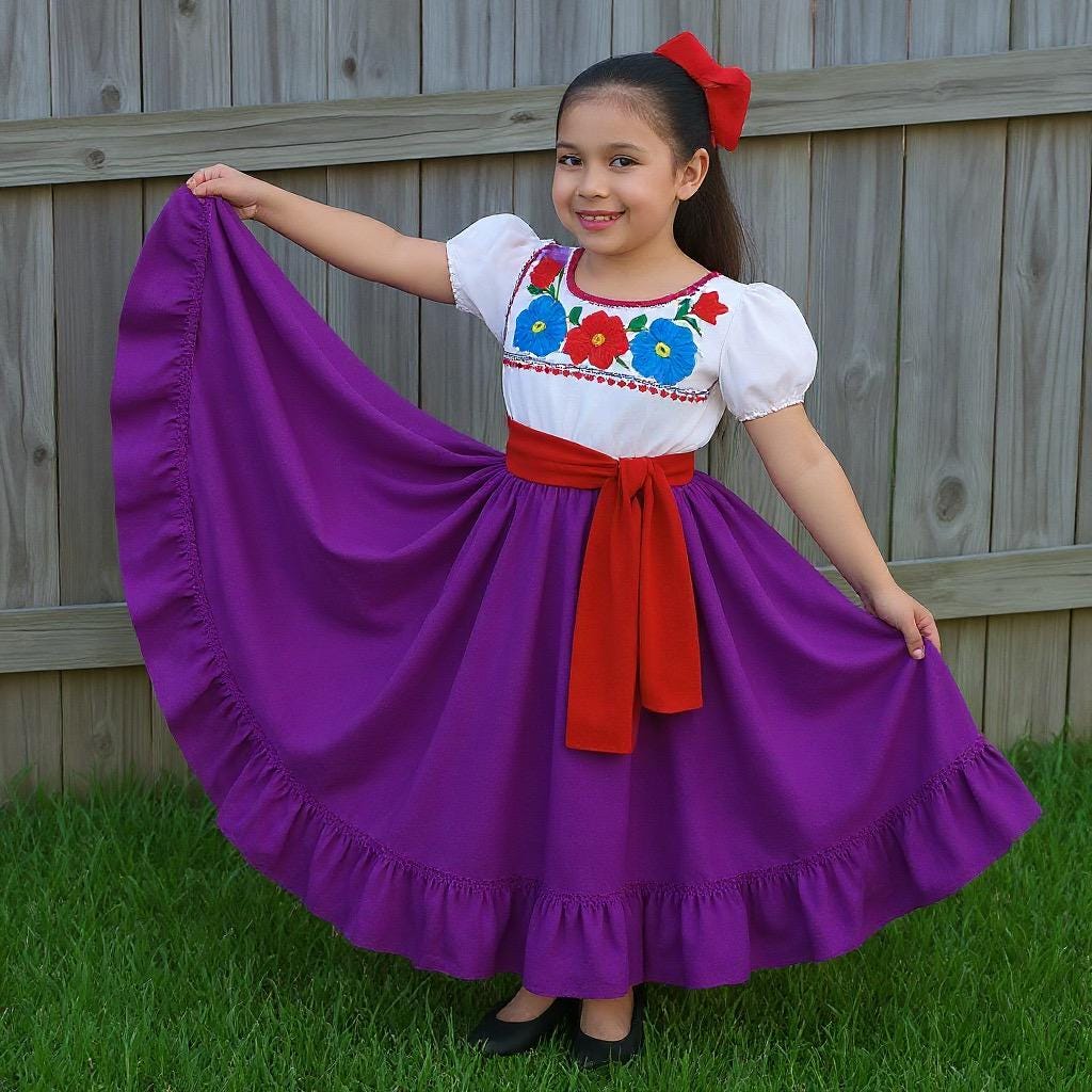 3 Piece Girls Dance Outfit, Folkloric skirt, embroidered blouse & matching belt