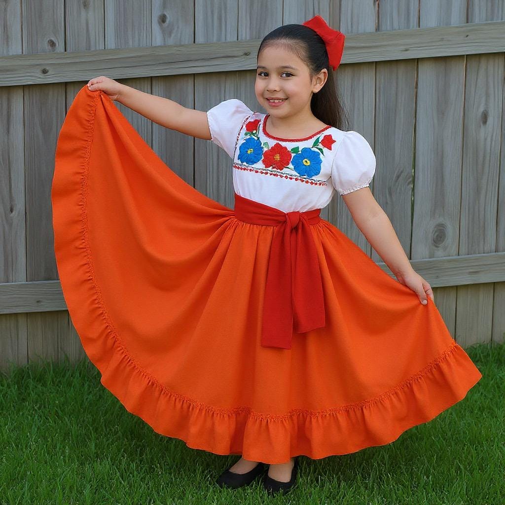 3 Piece Girls Dance Outfit, Folkloric skirt, embroidered blouse & matching belt