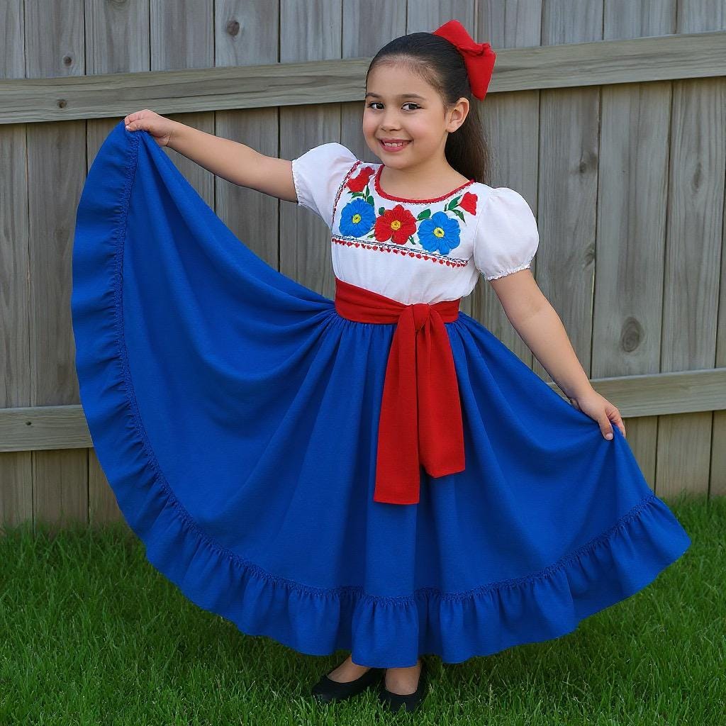 3 Piece Girls Dance Outfit, Folkloric skirt, embroidered blouse & matching belt