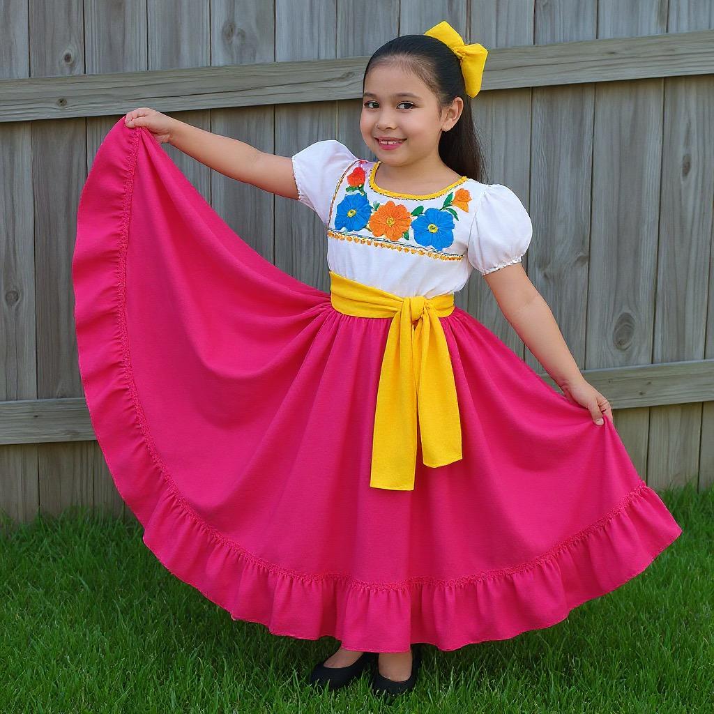 3 Piece Girls Dance Outfit, Folkloric skirt, embroidered blouse & matching belt