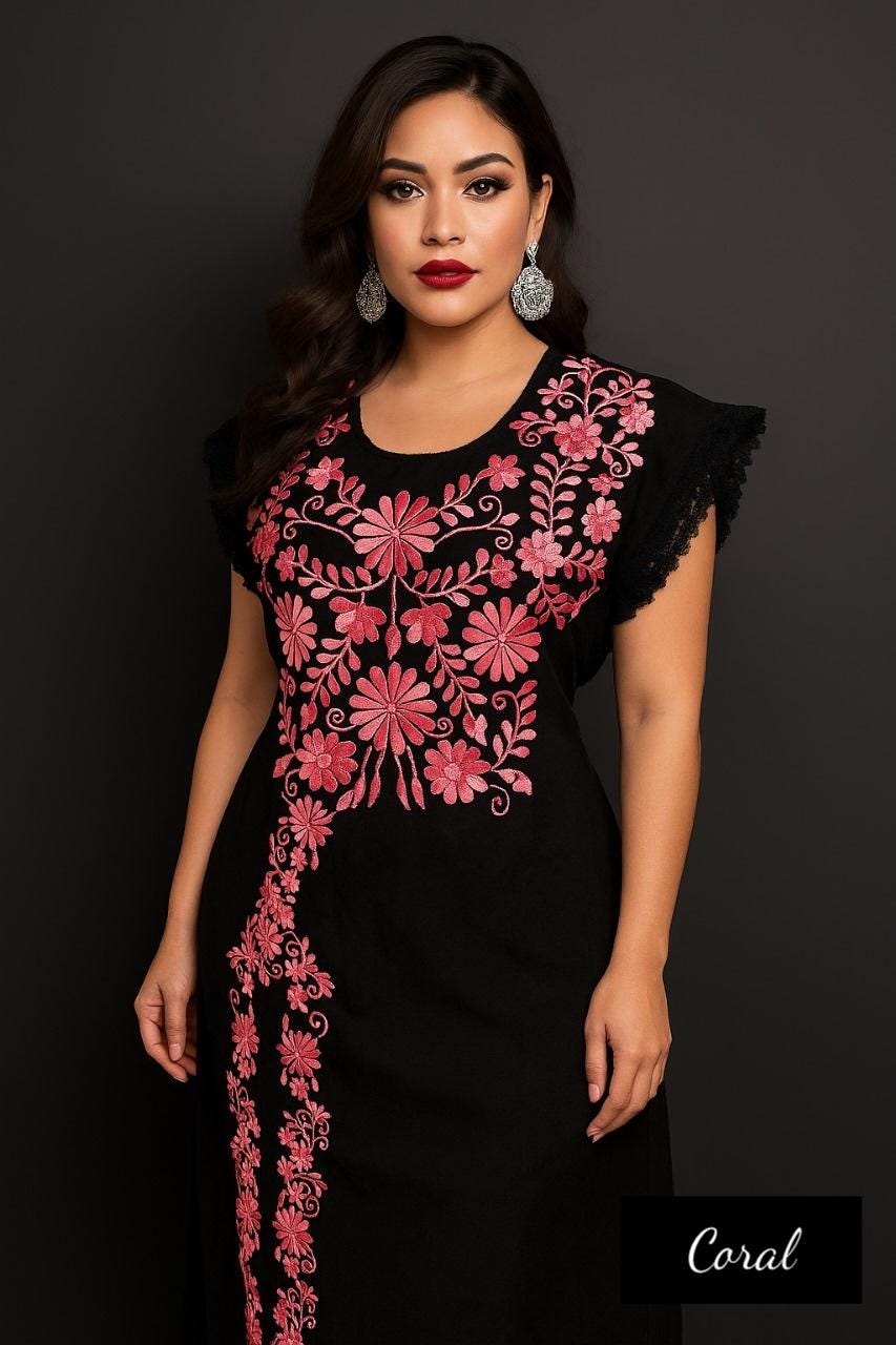 Image of Black Embroidered Maya Dress – Artisanal Mexican Floral Design, Elegant Style