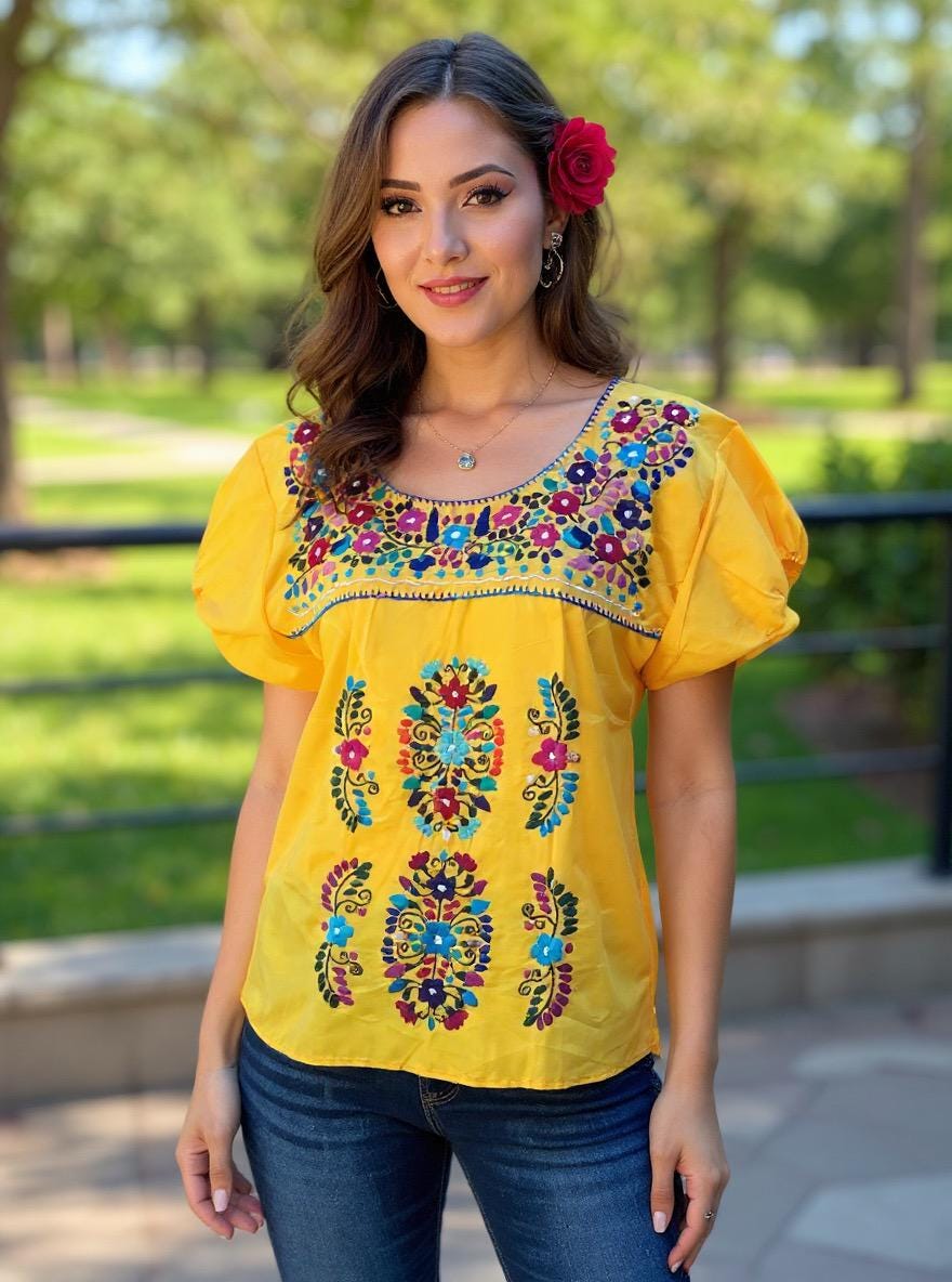 Beautiful Artisanal Extra Embroidered Mexican Blouse, Great look, fresh and light weight in SMALL size