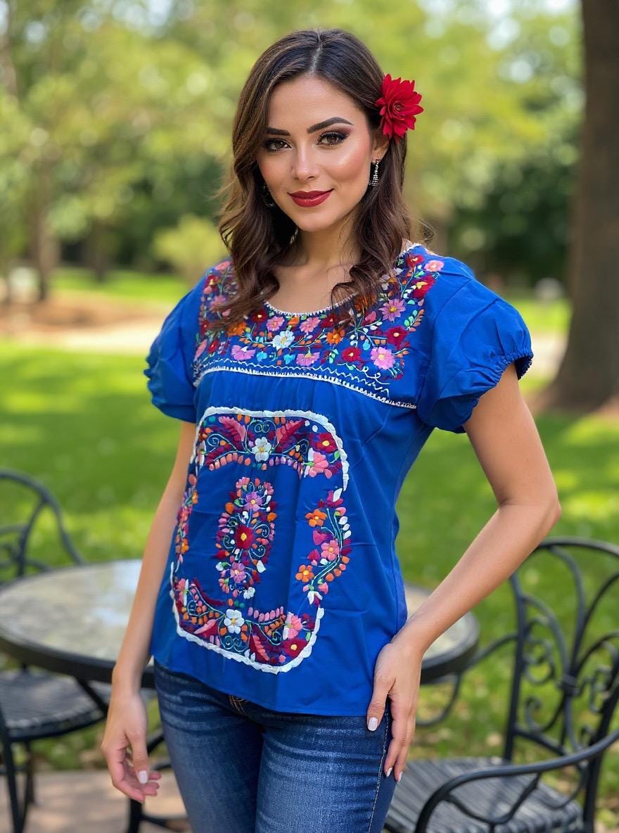 Beautiful Artisanal Extra Embroidered Mexican Blouse, Great look, fresh and light weight in SMALL size