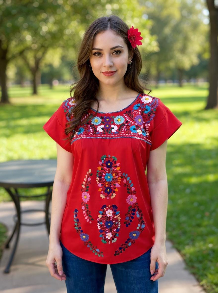 Image of Beautiful Artisanal Extra Embroidered Mexican Blouse, Great look, fresh and light weight in SMALL size