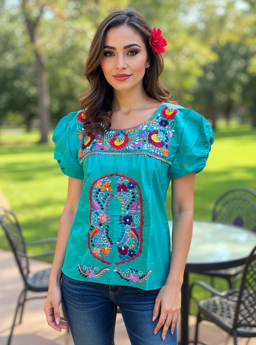Image of Beautiful Artisanal Extra Embroidered Mexican Blouse, Great look, fresh and light weight in SMALL size