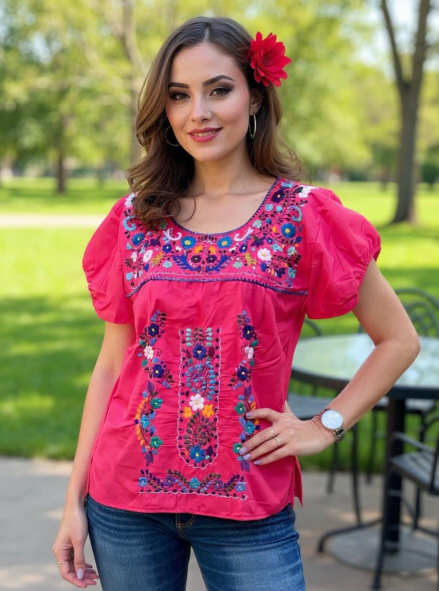 Beautiful Artisanal Extra Embroidered Mexican Blouse, Great look, fresh and light weight in SMALL size
