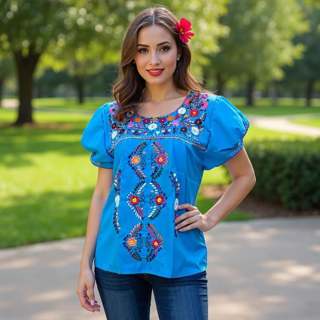 Image of Beautiful Artisanal Extra Embroidered Mexican Blouse, Great look, fresh and light weight in SMALL size