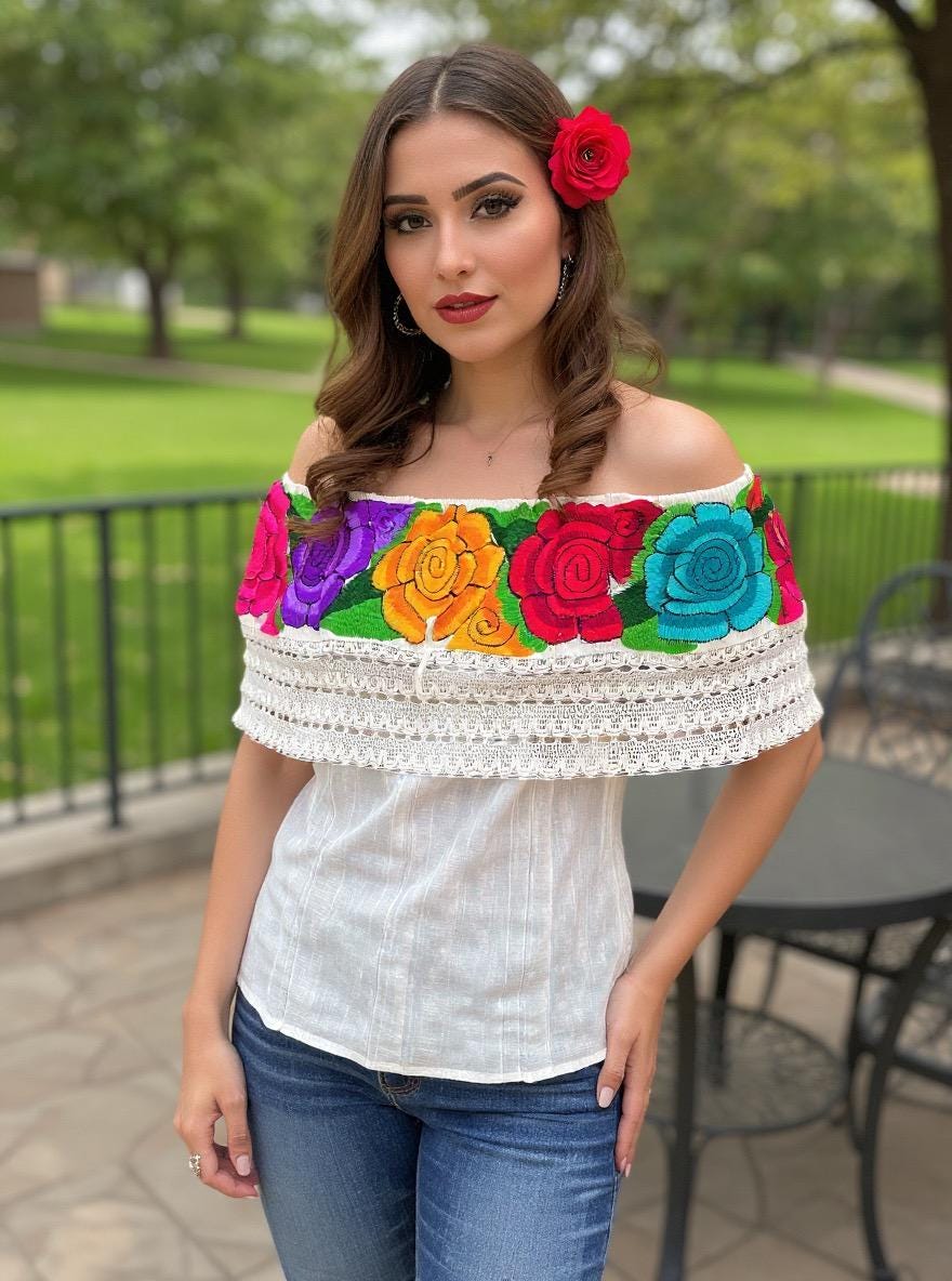 Off Shoulder Floral Blouse - Artisanal Flower Blouse