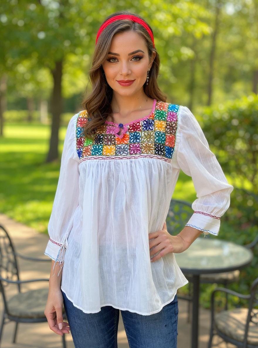 Image of Beautiful Floral Rococo Embroidered Blouse - Mexican Embroidered Blouse - Floral Designs