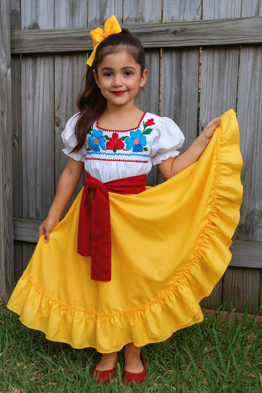 3 Piece Girls Dance Outfit, Folkloric skirt, embroidered blouse & matching belt