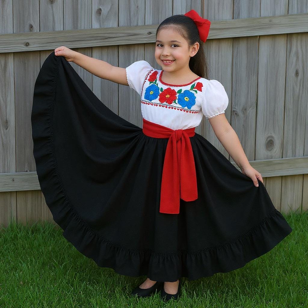3 Piece Girls Dance Outfit, Folkloric skirt, embroidered blouse & matching belt