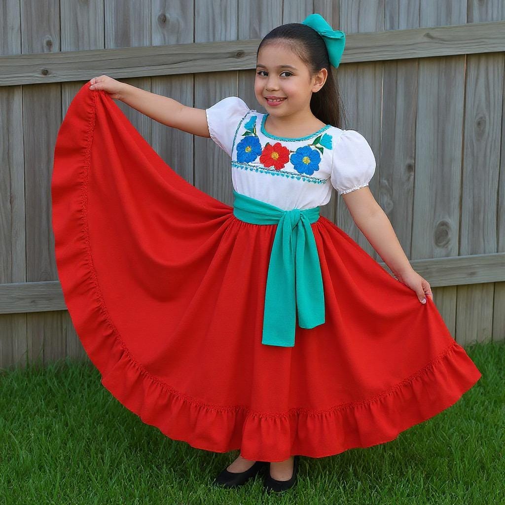 3 Piece Girls Dance Outfit, Folkloric skirt, embroidered blouse & matching belt