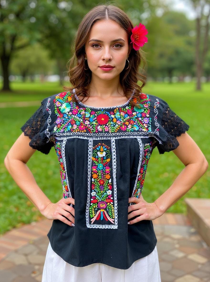 Image of Precious “Linda” Black Hand Embroidered with EXTRA Embroidered areas 