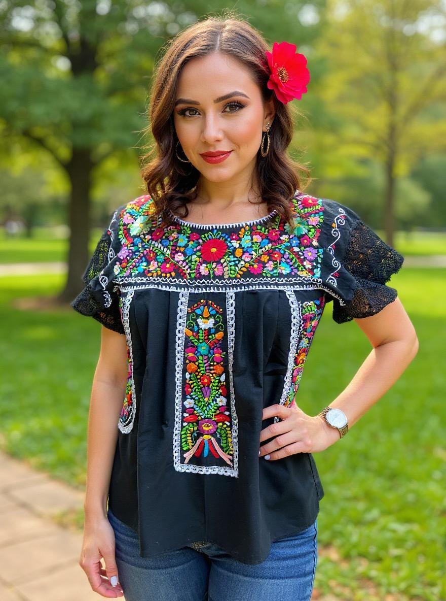 Image of Precious “Linda” Black Hand Embroidered with EXTRA Embroidered areas 