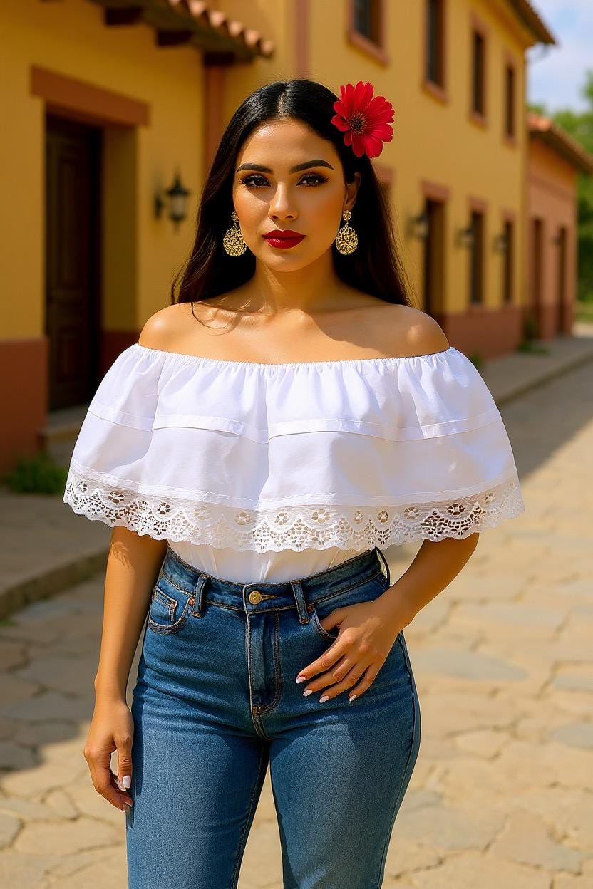 Image of White Peasant Blouse - with satin white ribbon & white lace