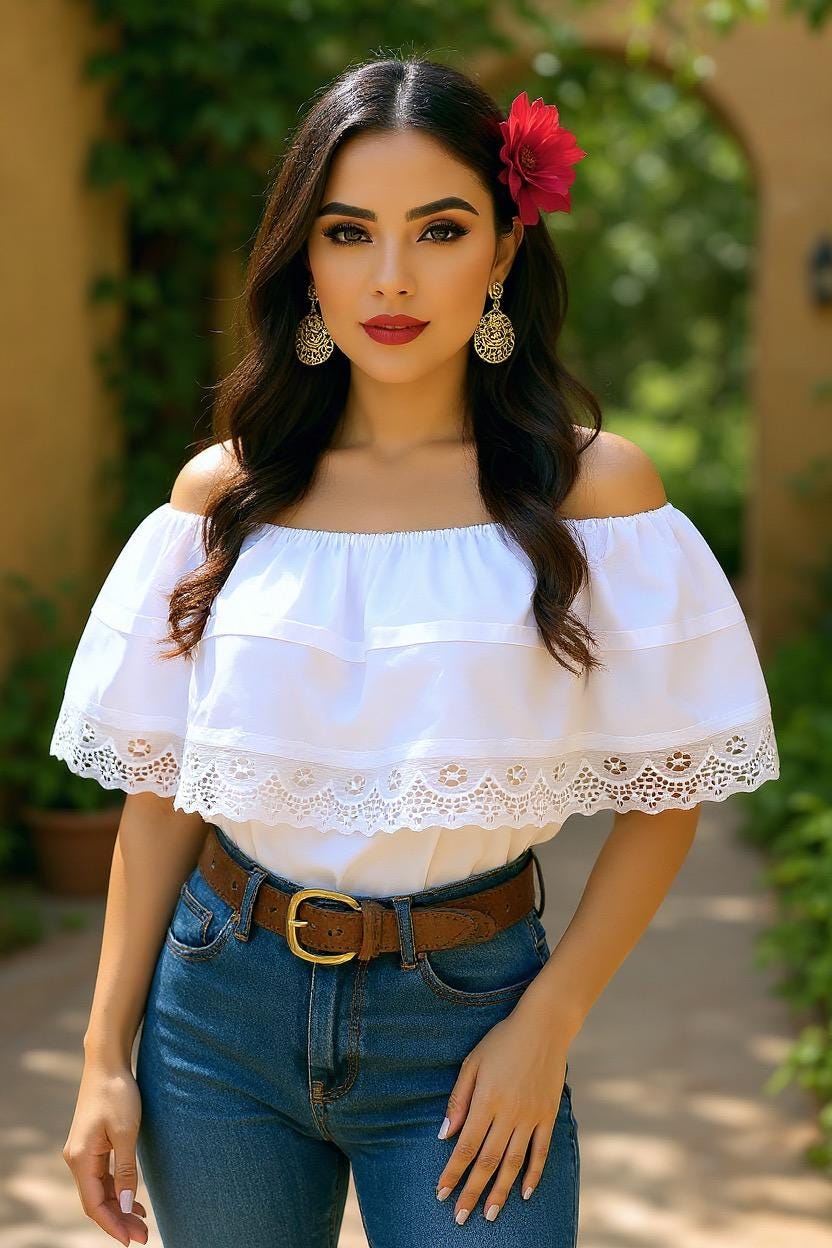 Image of White Peasant Blouse - with satin white ribbon & white lace
