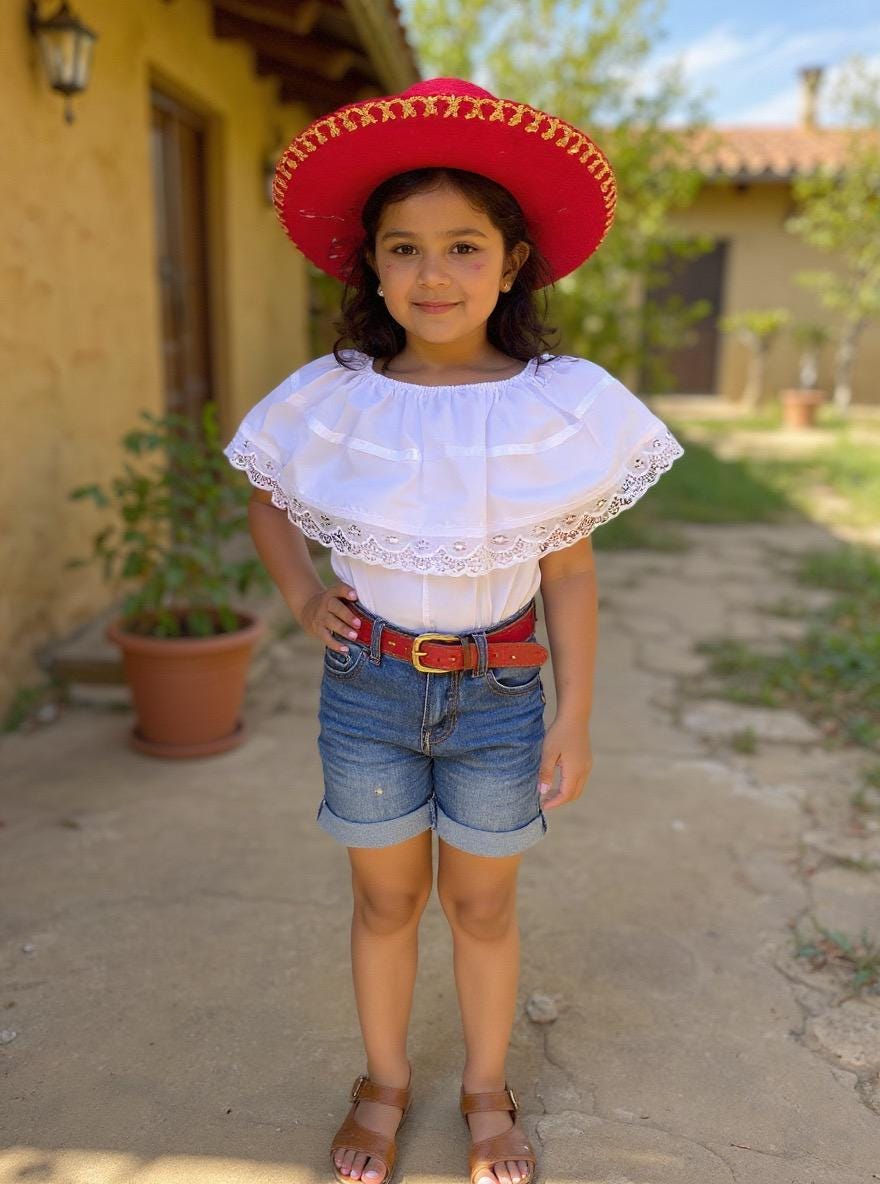 White Peasant Blouse - with Satin White Ribbon & White Lace-for Girls