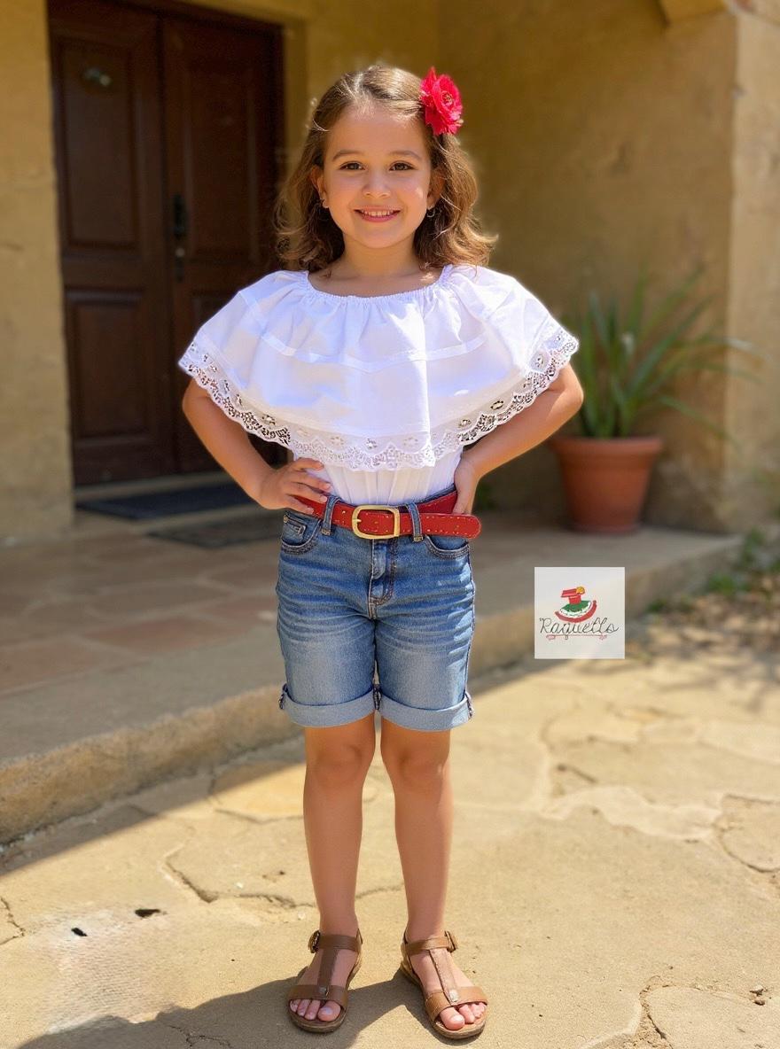 White Peasant Blouse - with Satin White Ribbon & White Lace-for Girls