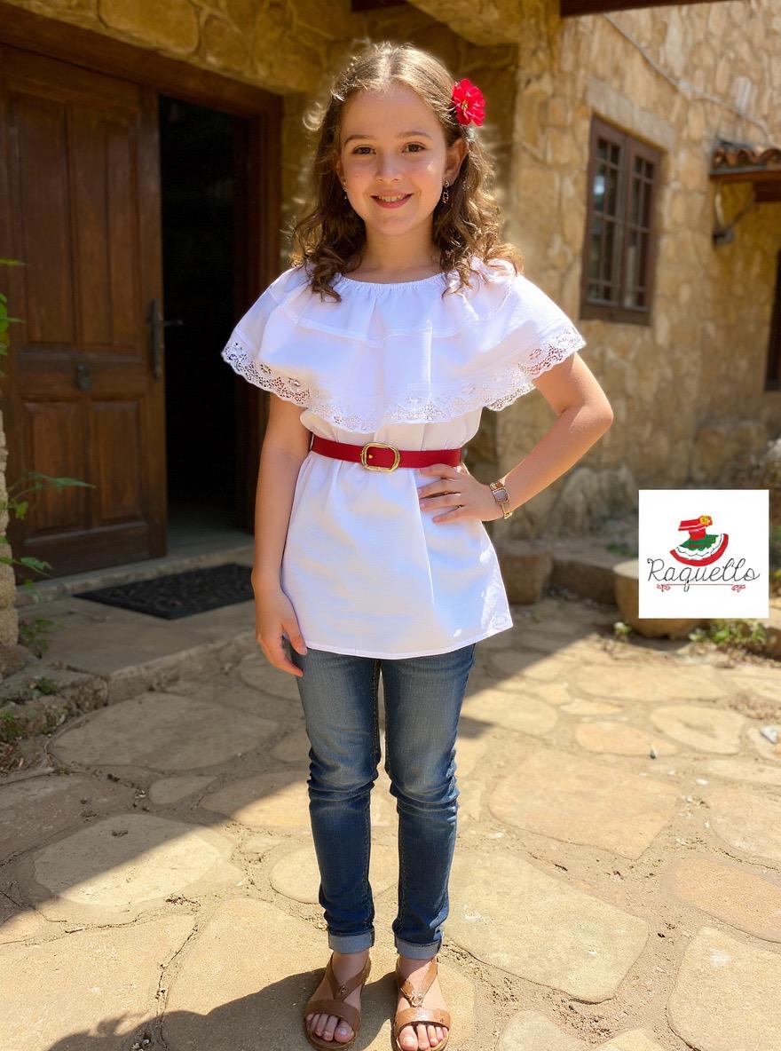 Image of White Peasant Blouse - with Satin White Ribbon & White Lace-for Girls