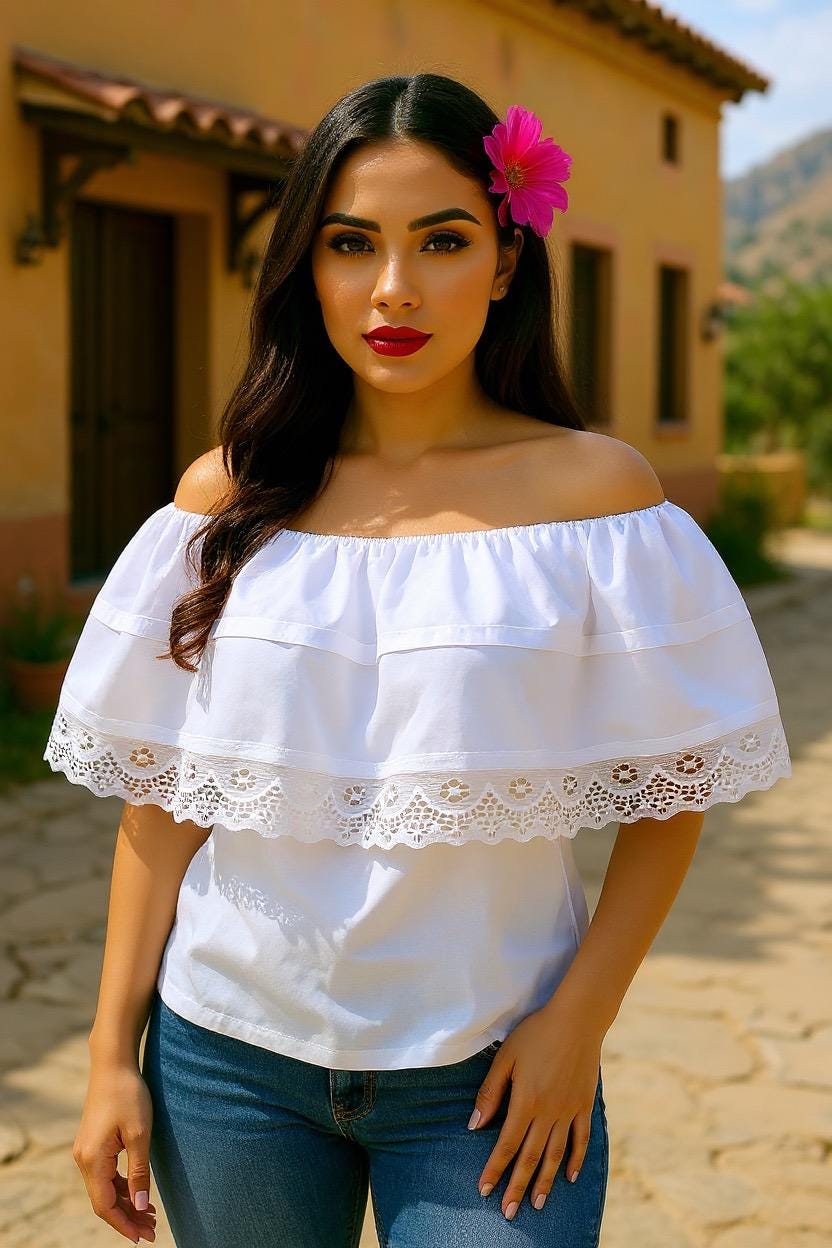 White Peasant Blouse - with satin white ribbon & white lace