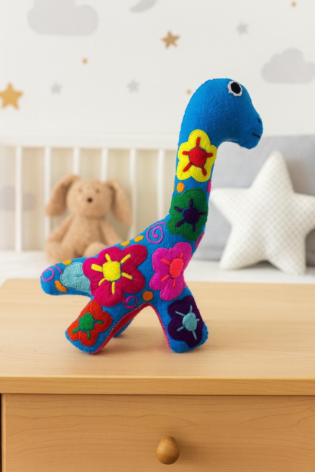 Image of Hand Embroidered Stuffed Dinosaur: Artisanal Felt Dino Toy/Decor
