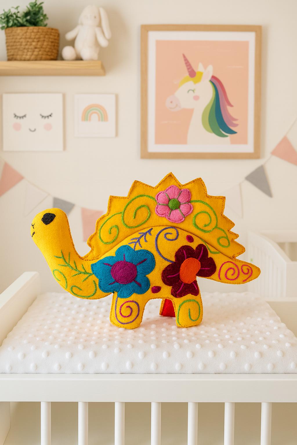 Image of Hand Embroidered Stuffed Dinosaur: Artisanal Felt Dino Toy/Decor