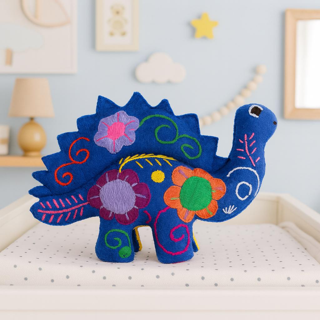 Image of Hand Embroidered Stuffed Dinosaur: Artisanal Felt Dino Toy/Decor