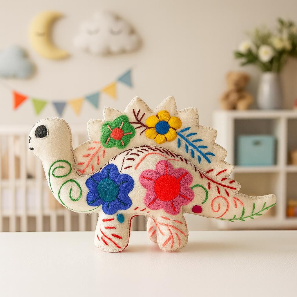 Image of Hand Embroidered Stuffed Dinosaur: Artisanal Felt Dino Toy/Decor