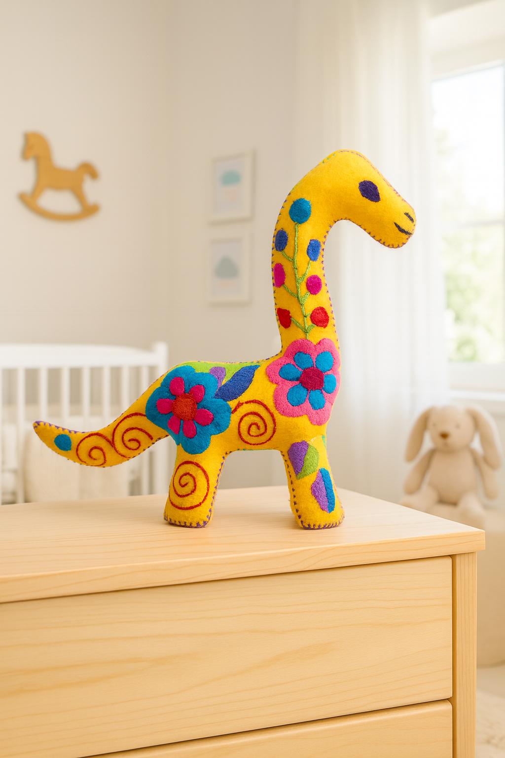 Image of Hand Embroidered Stuffed Dinosaur: Artisanal Felt Dino Toy/Decor