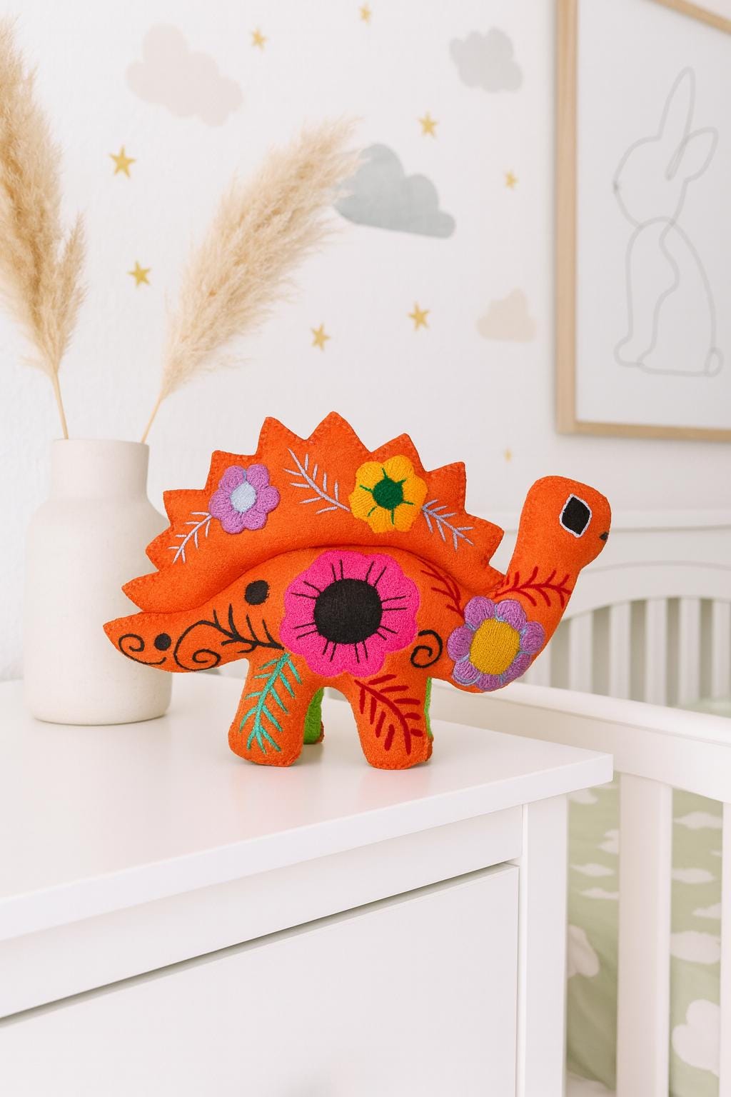Image of Hand Embroidered Stuffed Dinosaur: Artisanal Felt Dino Toy/Decor
