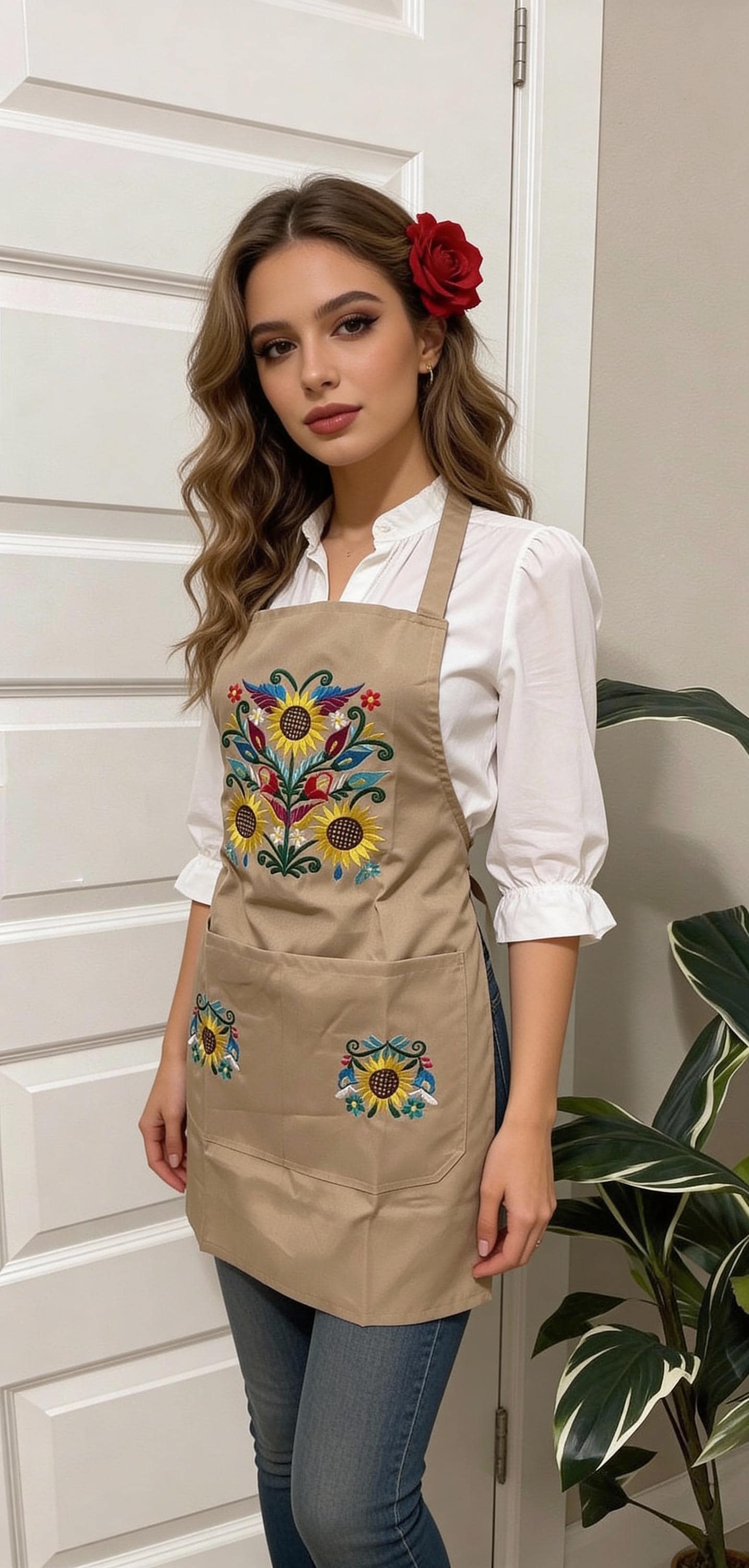 Image of Stunning Handcrafted Floral Design Embroidered Cooking Apron | Unique Kitchen Accessories