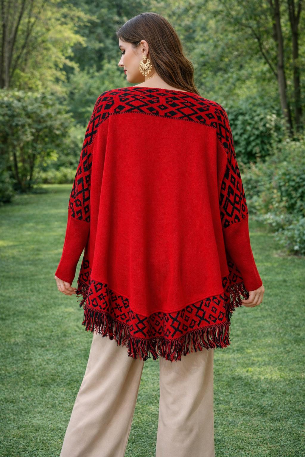 Image of Beautiful & Trendy Artisanal Geometric Long Sleeve Mananitas - Mexican Ponchos - Covering- Geometric Pattern Poncho with Fringe