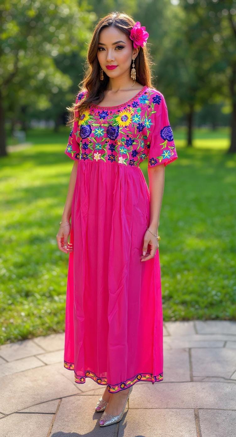 Image of May include: A vibrant pink maxi dress with short sleeves and a round neckline. The bodice features colorful floral embroidery in yellow, blue, and purple. The dress has a flowing skirt and is worn with silver heels. A pink flower adorns the hair.
