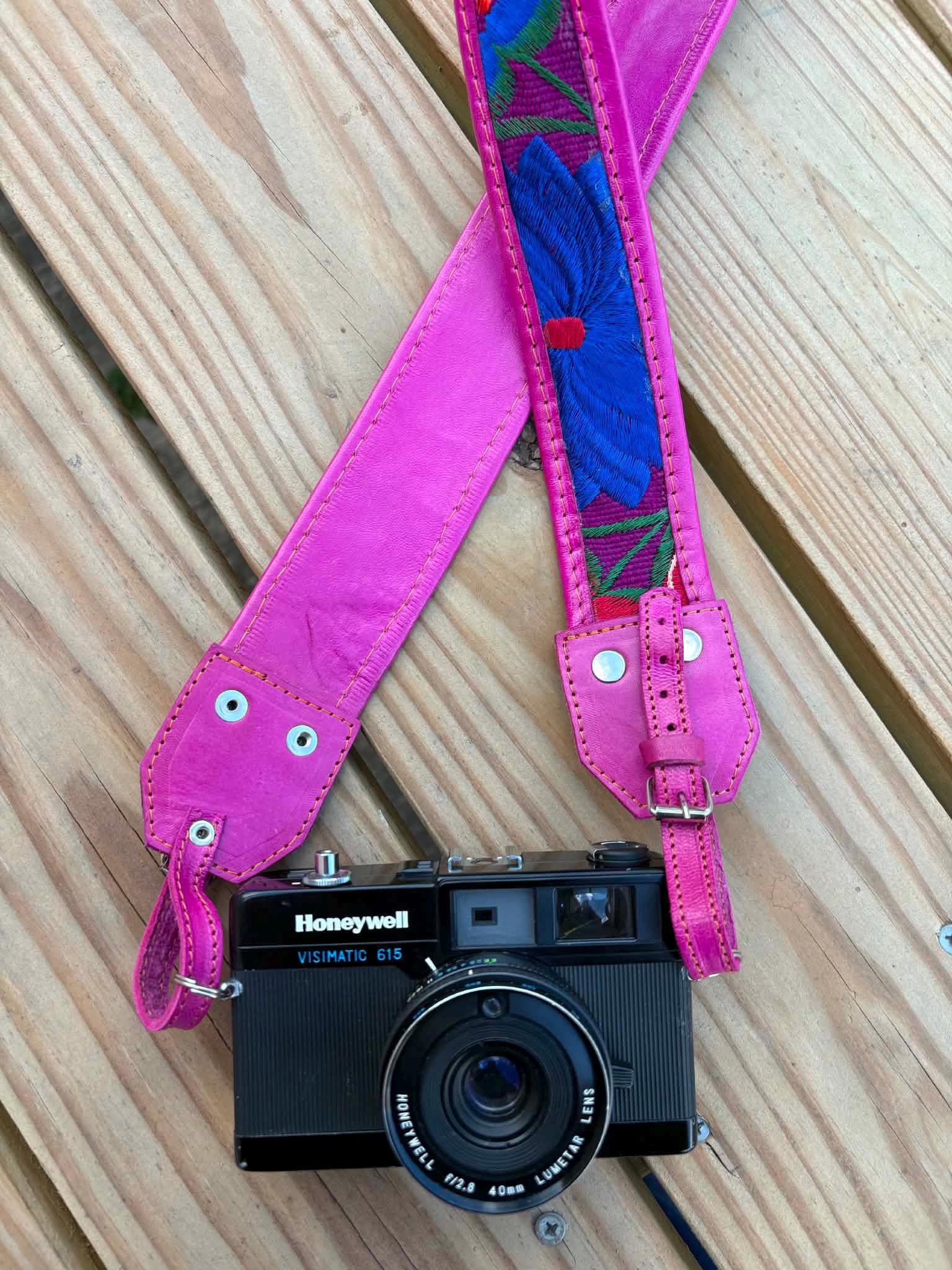 Image of Mexican Floral Embroidered Leather Camera Strap - Handcrafted Artisan DSLR Neck Strap, Photographer Gift