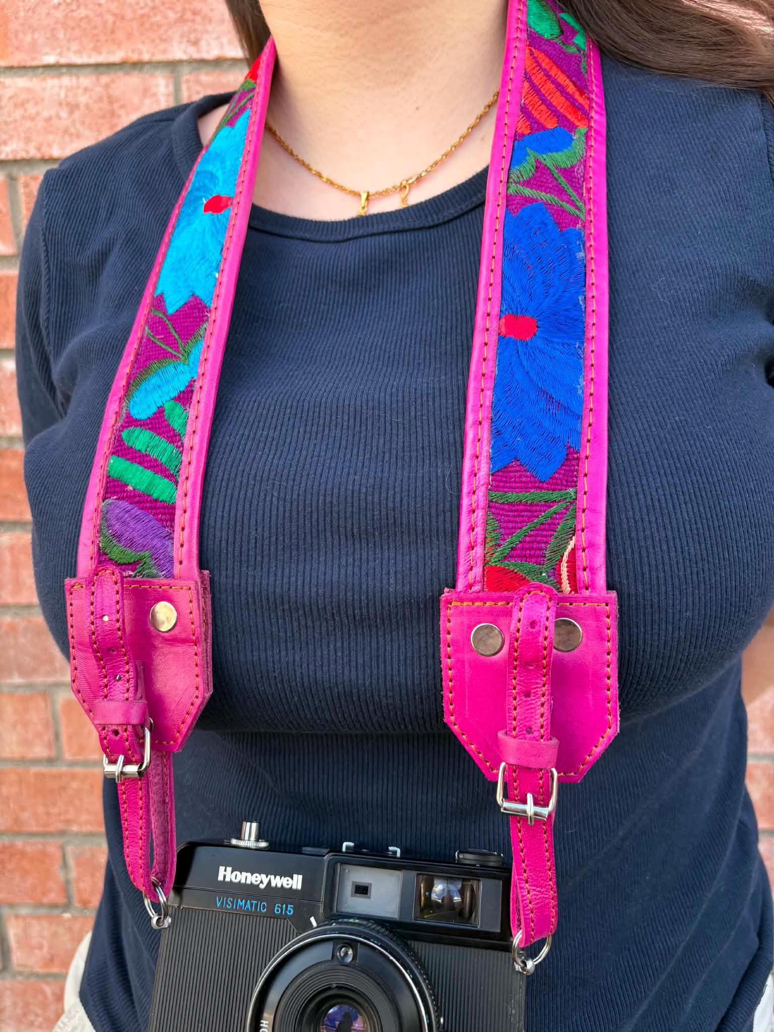 Image of Mexican Floral Embroidered Leather Camera Strap - Handcrafted Artisan DSLR Neck Strap, Photographer Gift