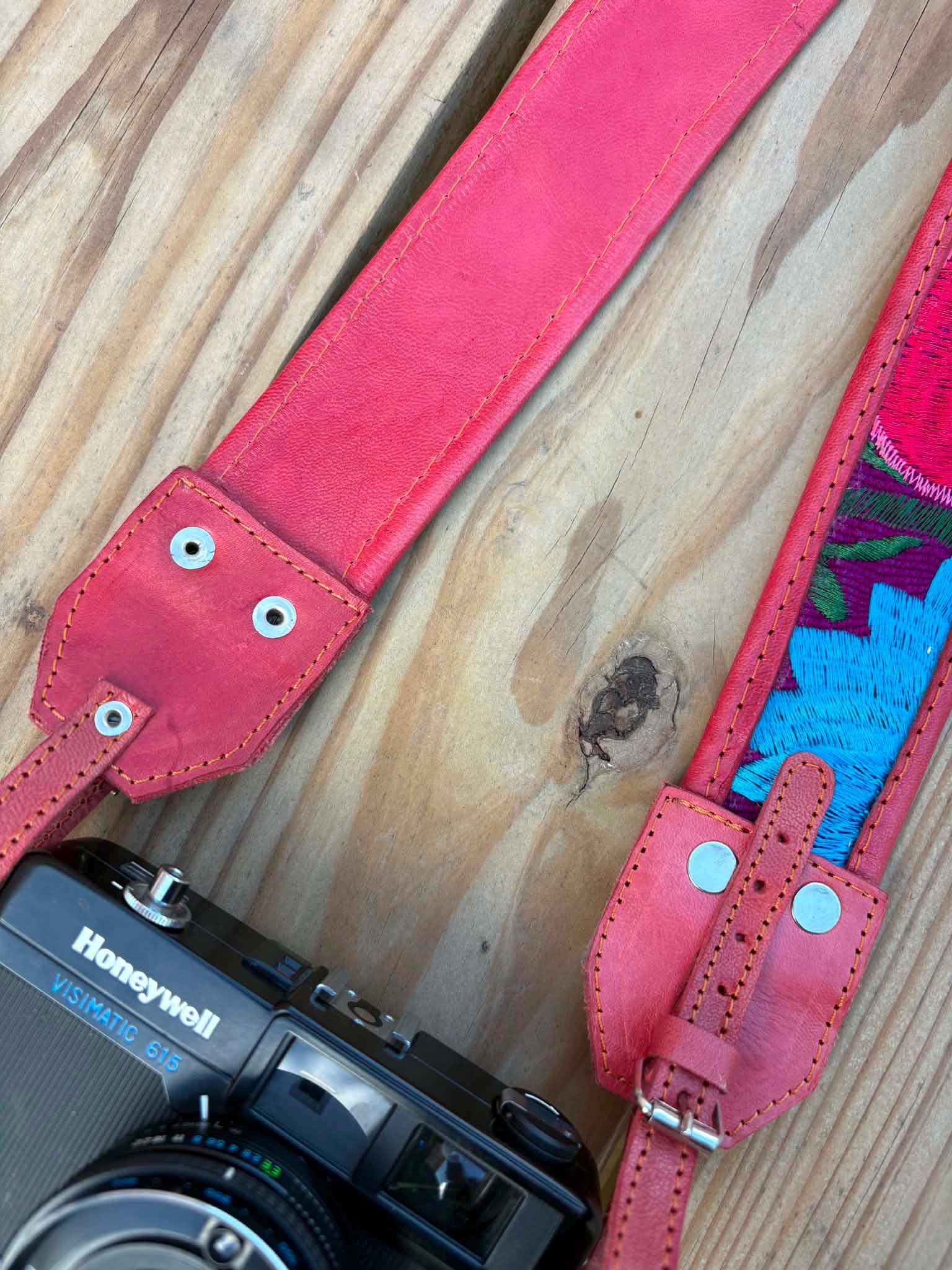 Image of Mexican Floral Embroidered Leather Camera Strap - Handcrafted Artisan DSLR Neck Strap, Photographer Gift