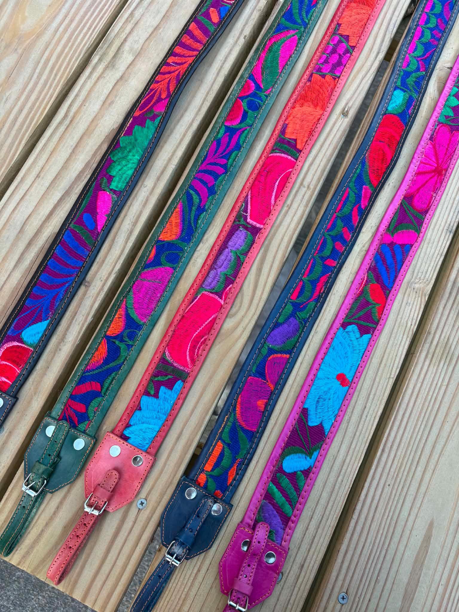 Image of Mexican Floral Embroidered Leather Camera Strap - Handcrafted Artisan DSLR Neck Strap, Photographer Gift
