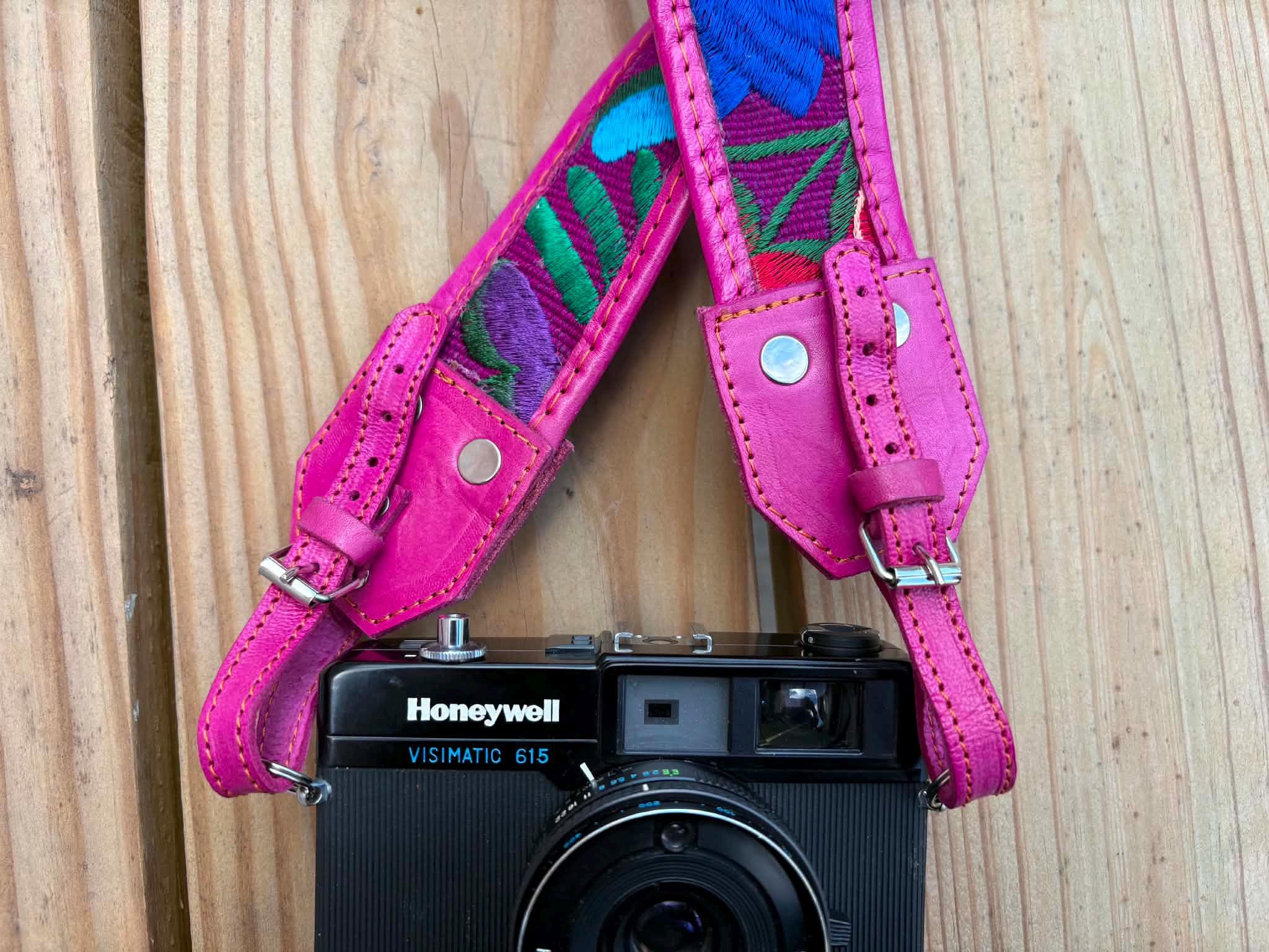Image of Mexican Floral Embroidered Leather Camera Strap - Handcrafted Artisan DSLR Neck Strap, Photographer Gift