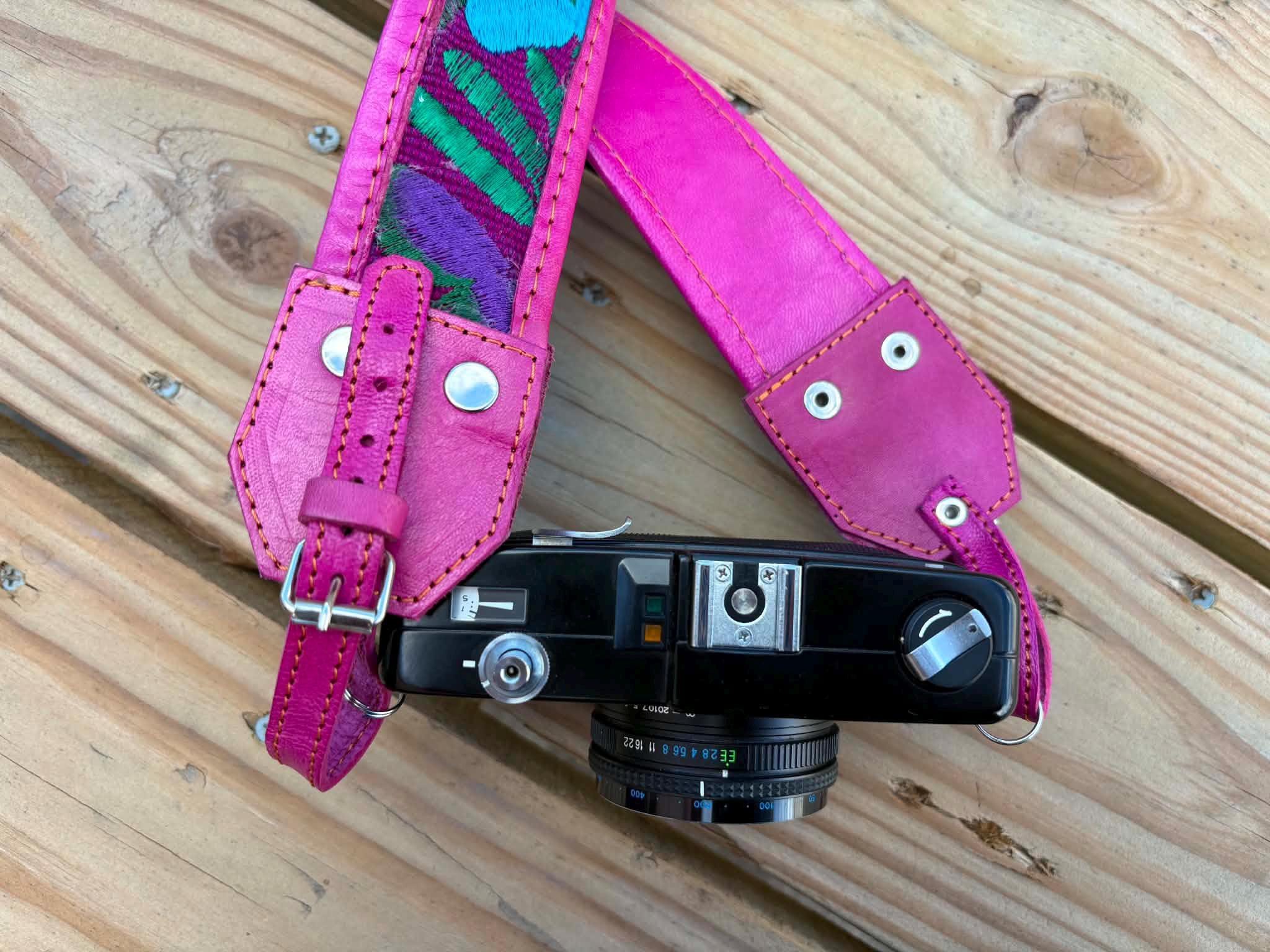 Image of Mexican Floral Embroidered Leather Camera Strap - Handcrafted Artisan DSLR Neck Strap, Photographer Gift