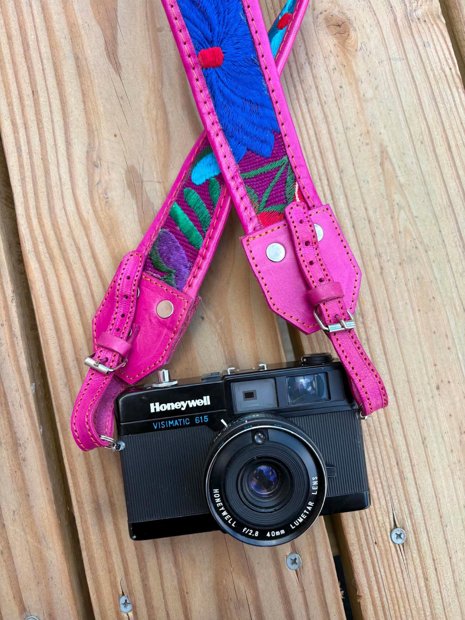 Image of Mexican Floral Embroidered Leather Camera Strap - Handcrafted Artisan DSLR Neck Strap, Photographer Gift