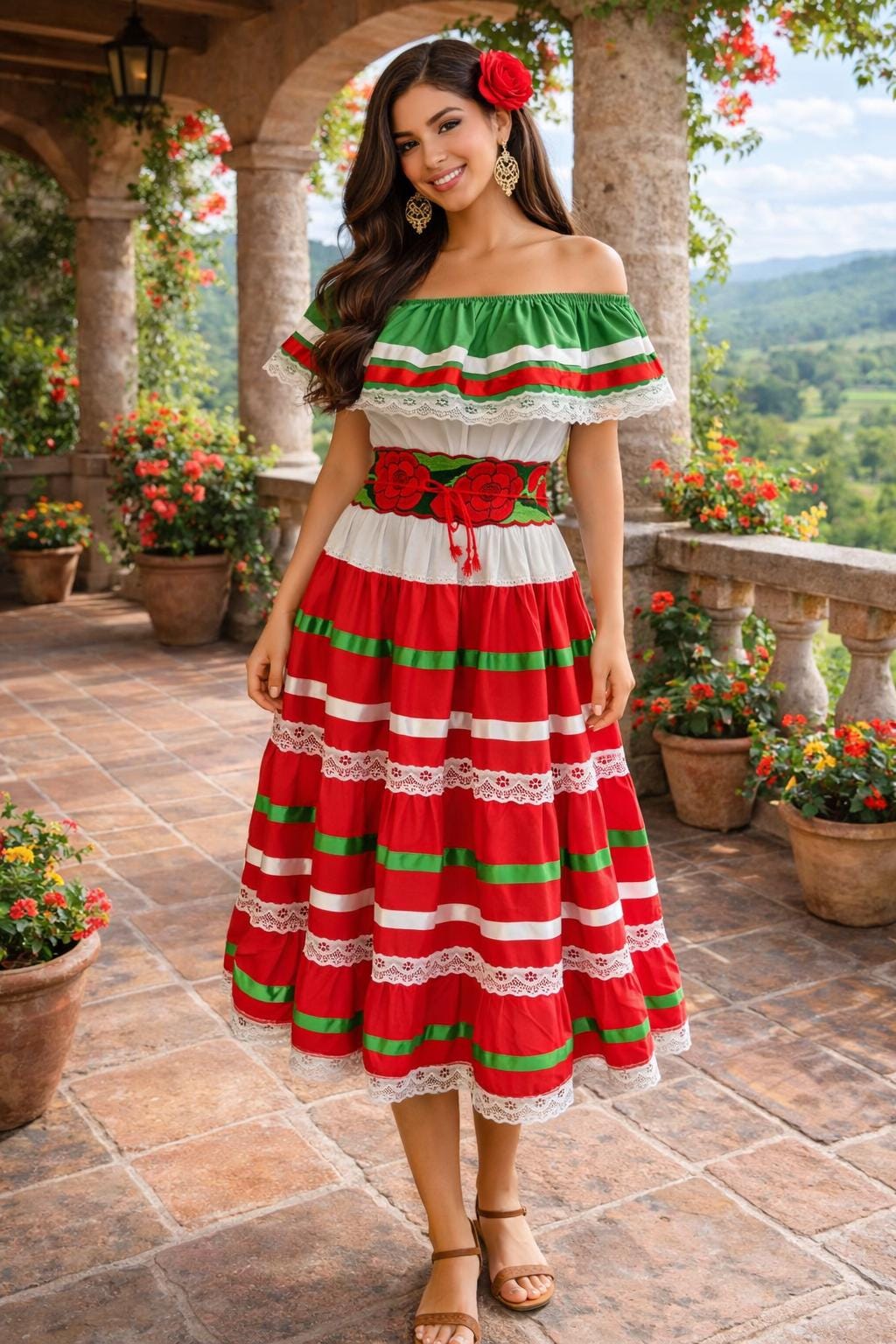 Image of Large - Mexican Dress: Red White Green Embroidered Off-Shoulder Fiesta Outfit - Embroidered belt included