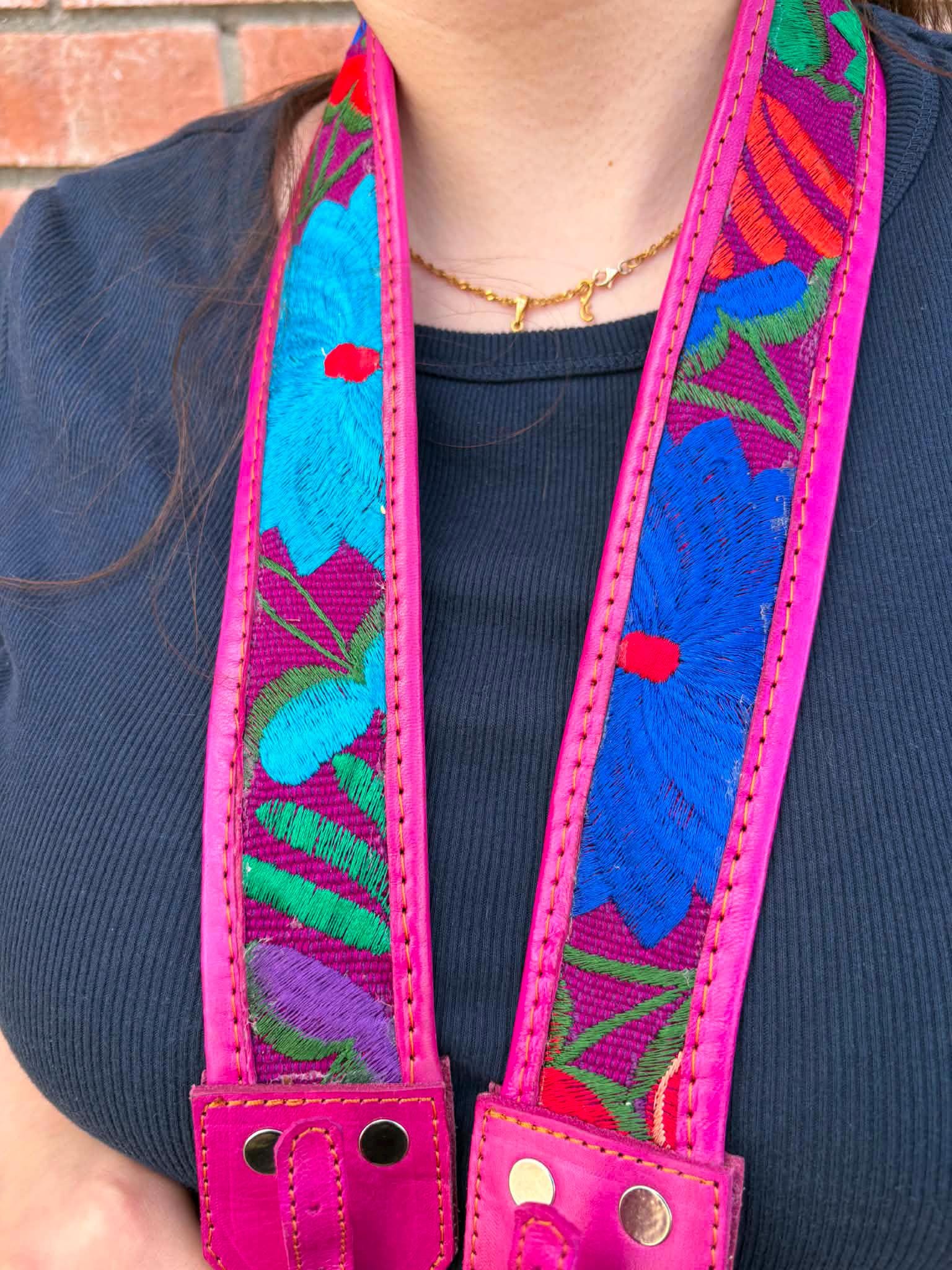 Image of Mexican Floral Embroidered Leather Camera Strap - Handcrafted Artisan DSLR Neck Strap, Photographer Gift