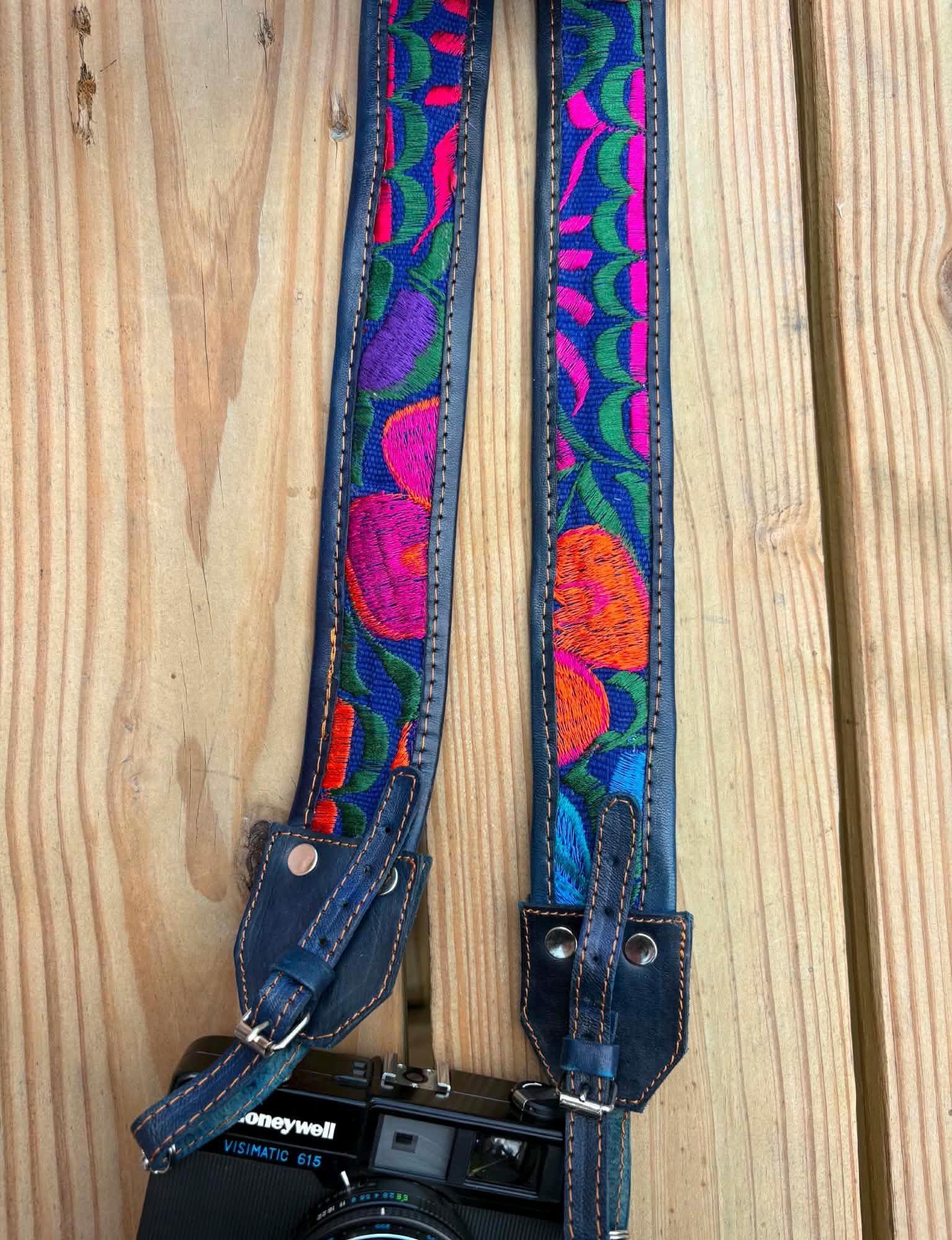 Image of Mexican Floral Embroidered Leather Camera Strap - Handcrafted Artisan DSLR Neck Strap, Photographer Gift