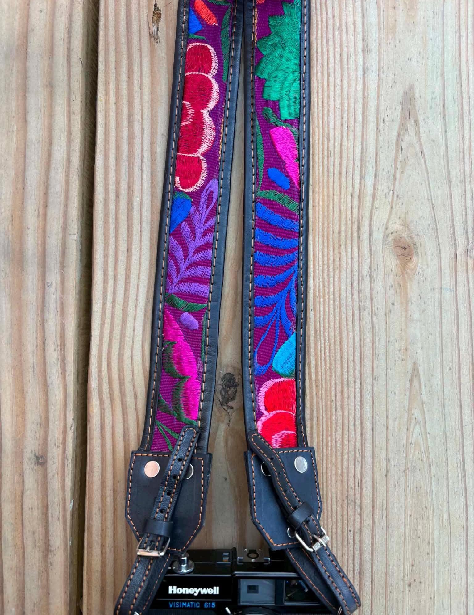 Image of Mexican Floral Embroidered Leather Camera Strap - Handcrafted Artisan DSLR Neck Strap, Photographer Gift